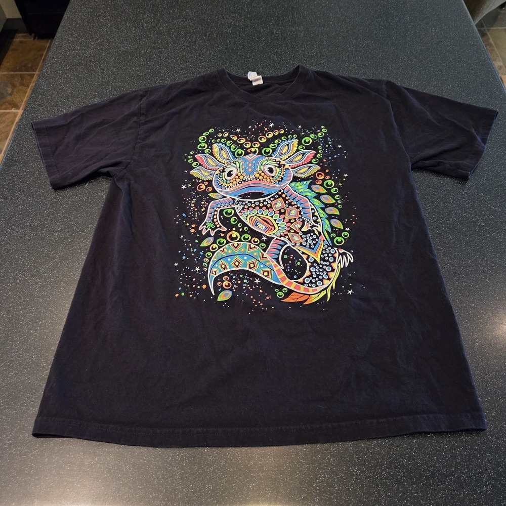 Axolotl Psychedelic Art T-Shirt Mens Large Black Euro‎ Cotton Comfort